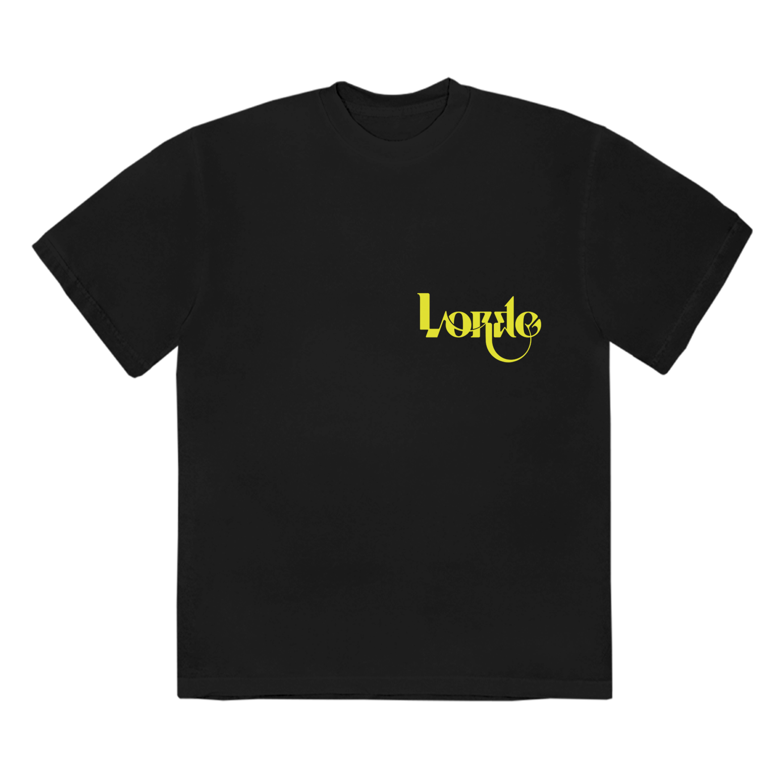 Black t-shirt with screenprinted yellow Lorde logo
