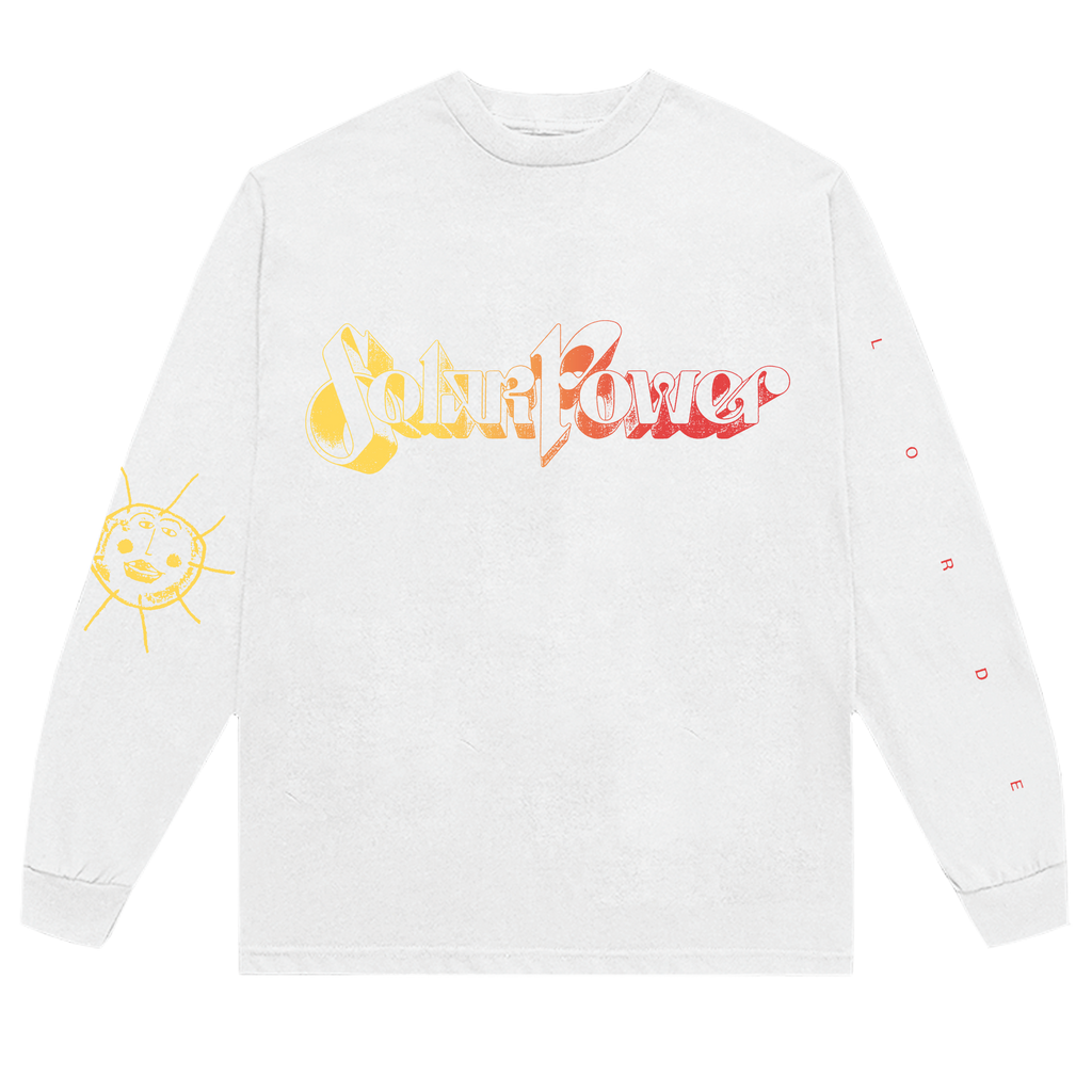 White longsleeve t-shirt with "Solar Power" screenprinted front graphic, Sun graphic + LORDE logo on sleeves