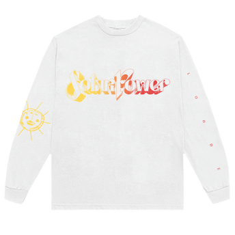 White longsleeve t-shirt with "Solar Power" screenprinted front graphic, Sun graphic + LORDE logo on sleeves